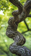 Twisted tree branch with green foliage, nature