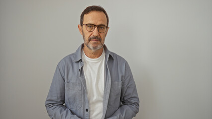 Handsome mature hispanic man in glasses and casual clothing standing isolated against a white wall...