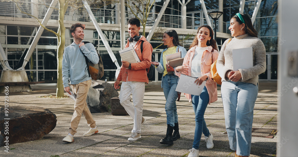 Poster education campus, students and walking at university to class with talking, conversation or exam cha
