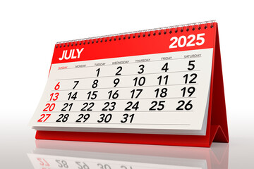 July 2025 Calendar. Isolated on White Background. 3d Rendering