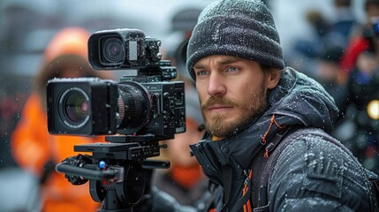 Man with a beard and blue eyes, holding a camera in a snowy setting.