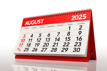 August 2025 Calendar. Isolated on White Background. 3d Rendering