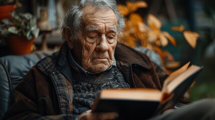 An elderly man with gray hair and a serious expression is reading a book while seated in a relaxed setting filled with plants.
