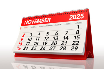 November 2025 Calendar. Isolated on White Background. 3d Rendering