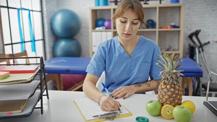 Fototapeta premium Focused woman working in a modern physiotherapy clinic with stationery and fruits on desk.