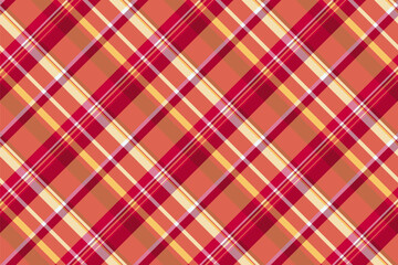 Kilt seamless vector fabric, 50s plaid background pattern. Length texture tartan check textile in red and orange colors.