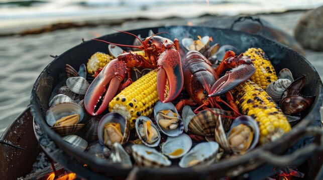 A seaside clambake the smoky aromas of charred lobster tails corn on the cob and butterdrenched clams mingling with the fresh ocean breeze