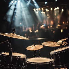 Fototapeta premium Modern drum set on black stage background prepared for playing. Professional drum kit with some cymbals on stage before a live concert. Drummer, music band, night show, sound recording concept