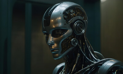 Realistic android robot woman looking away from camera