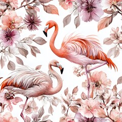 Watercolor Flamingo and Flowers Seamless Pattern