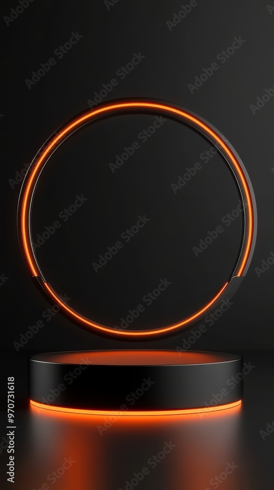 Aufkleber an empty circular podium with a glowing orange arch is set against a sleek black background, creatin