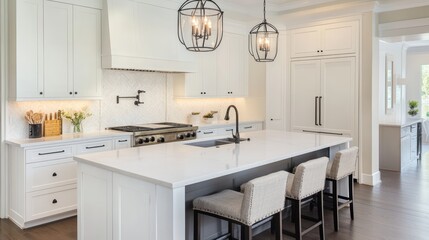 Interior of white kitchen with color details