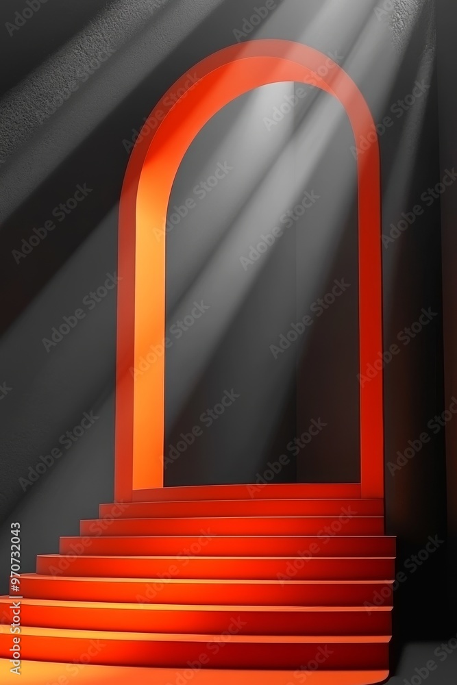 Aufkleber an empty orange circular podium is paired with a circular arch against a black background, creating 