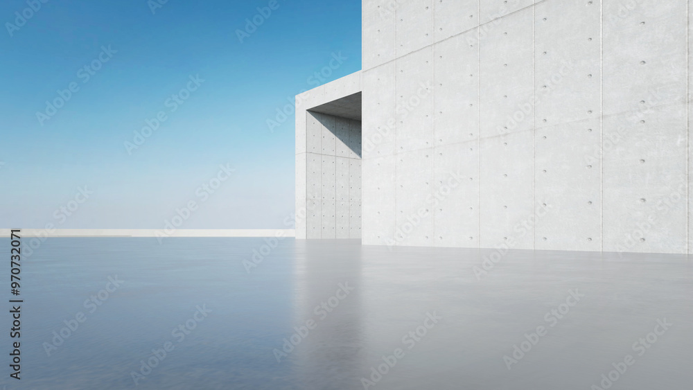 Poster 3d render of abstract modern concrete architecture with empty cement floor, minimal exterior, car pr