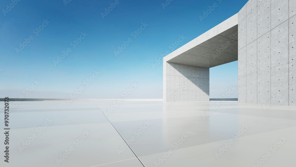 Poster 3d render of abstract modern concrete architecture with empty cement floor, minimal exterior, car presentation background
