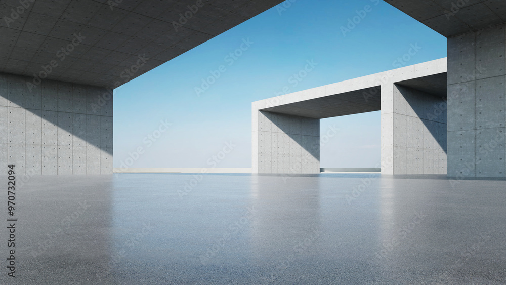 Aufkleber 3d render of abstract modern concrete architecture with empty cement floor, minimal exterior, car presentation background