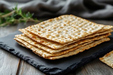 Matzo crumbs presented on a slate board, black stone serving dish. Festive easter bread made from wheat, formed into light and crispy delicate cakes
