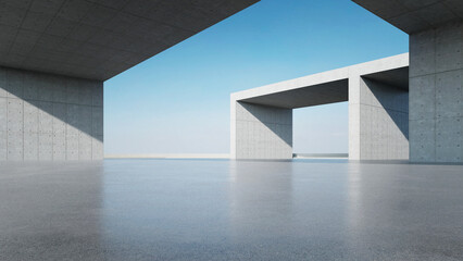 Fototapeta premium 3d render of abstract modern concrete architecture with empty cement floor, minimal exterior, car presentation background