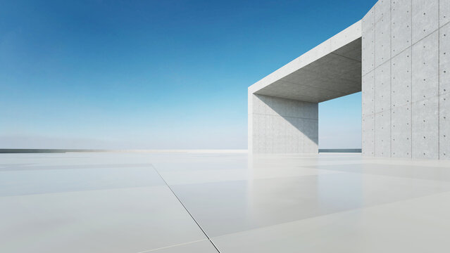 3d render of abstract modern concrete architecture with empty cement floor, minimal exterior, car presentation background