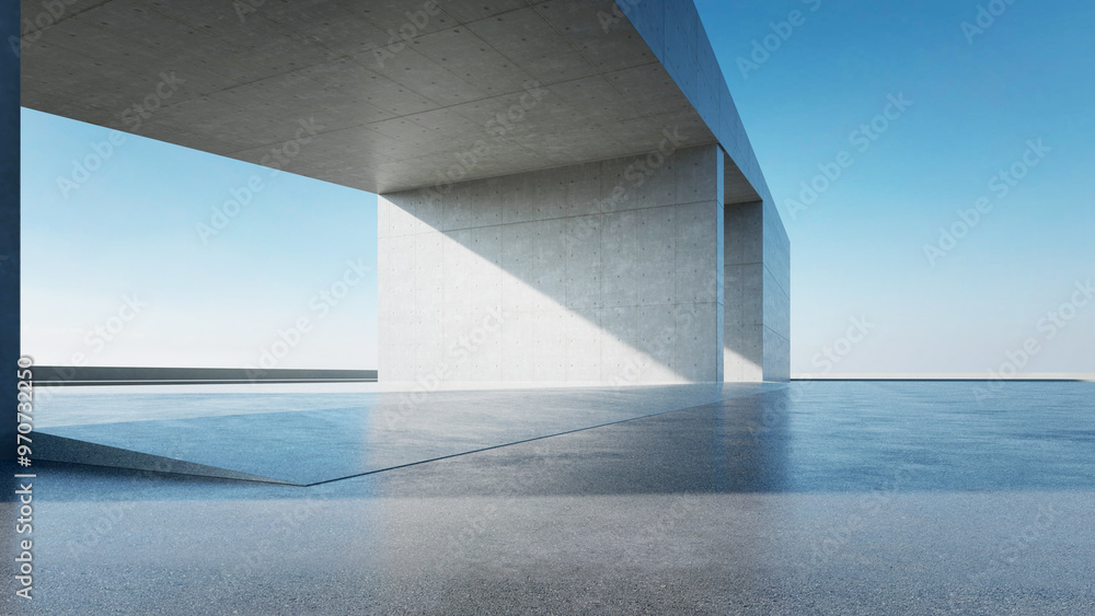 Poster 3d render of abstract modern concrete architecture with empty cement floor, minimal exterior, car pr