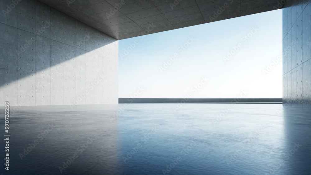 Poster 3d render of abstract modern concrete architecture with empty cement floor, minimal exterior, car pr