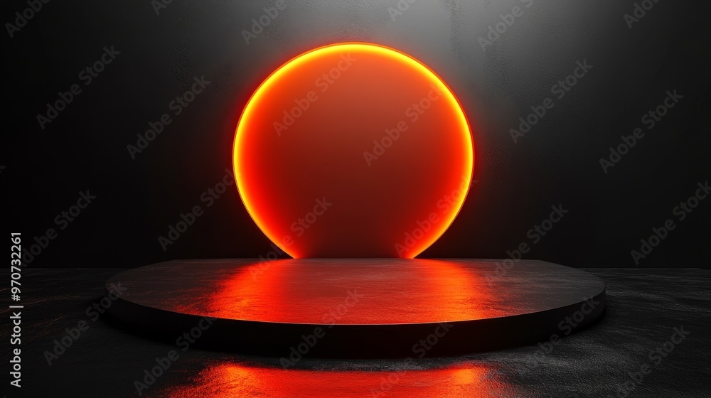 Poster an abstract, minimal setup showcases an empty orange circular podium and a matching arch against a s
