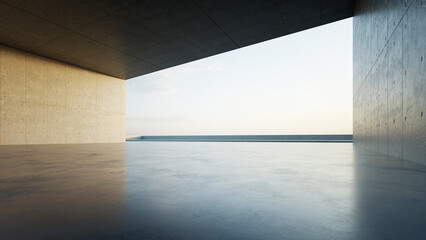 3d render of abstract modern concrete architecture with empty cement floor, minimal exterior, car presentation background