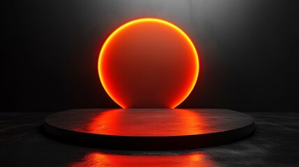 An abstract, minimal setup showcases an empty orange circular podium and a matching arch against a sleek black background, ideal for product display and presentation purposes