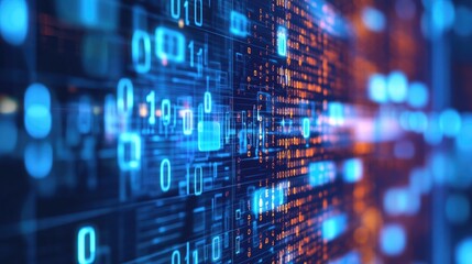 Fototapeta premium Abstract digital background with binary code and glowing lights.