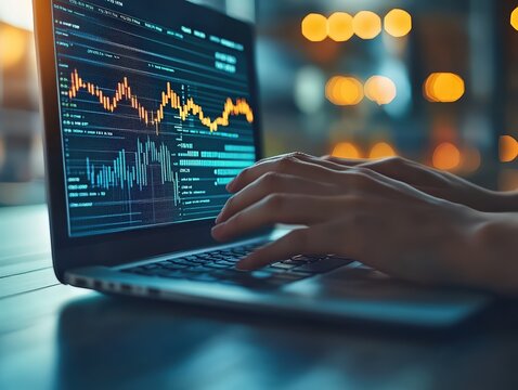 Person analyzing financial data on a laptop with graphical charts at night, focusing on stock market trends and investment analysis. - Powered by Adobe