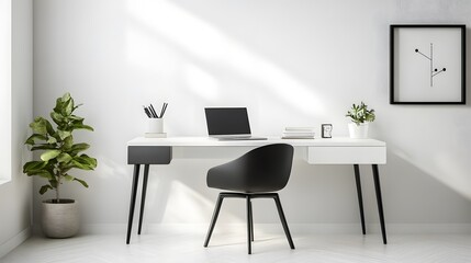 55. White desk with a black chair and a small indoor plant for a minimalist look