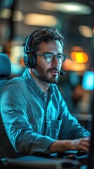 Focused man in a headset working on a computer in a dimly lit room, possibly a tech support or customer service professional.