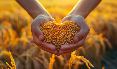 A hand holding rice grains against a background of golden rice fields is a symbol of the harvest season. Generative AI