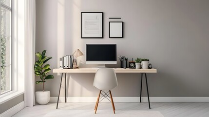 61. Clean workspace with minimal decor, a computer, and a modern chair