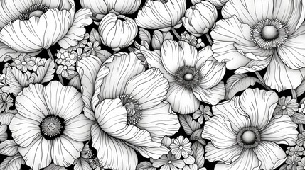 Fototapeta premium A coloring book page filled with repetitive floral patterns, offering a meditative and engaging coloring experience.