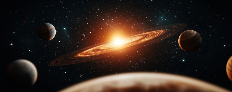 Cosmic mandala, featuring stars, planets, and galaxies in a circular arrangement, 3D illustration