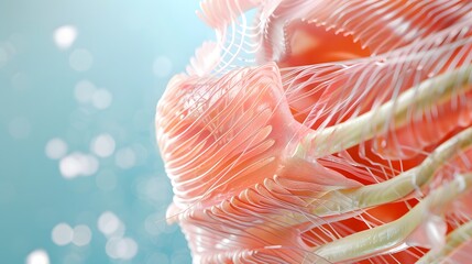A highly detailed depiction of fascia as connective tissue enveloping muscle, delicate and intricate layers