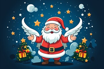Cheerful Santa Claus with wings spreading joy among Christmas decorations and gifts at night