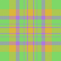Warp textile fabric pattern, color plaid tartan texture. Infinity seamless check background vector in green and yellow colors.