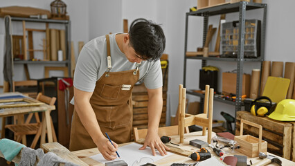 A young asian man sketches a design in a carpentry workshop, surrounded by tools and wood.