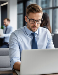 Pracownik korporacji pracuje na laptopie, biuro, inni pracownicy w tle.