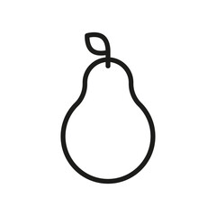 Pear icon illustration. Minimalist black outline. Simple fruit shape with leaf. Clean modern design.