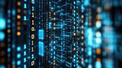 Obraz premium Abstract background of glowing binary code data stream in blue and orange.