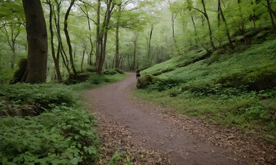 Fototapeta premium Horseback rider exploring lush green forest trail