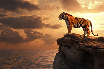 A majestic tiger stands on a rocky ledge overlooking a serene ocean at sunset.