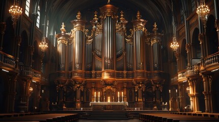 Majestic interior of a church, focusing on an ornate pipe organ at the front.