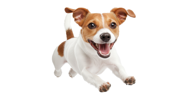 A playful dog jumping joyfully with a bright expression, capturing the essence of fun and companionship in a lively moment.