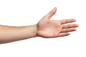 A close-up of a human hand in an open palm gesture, symbolizing greeting, acceptance, or offering.