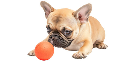 Fototapeta premium A playful French Bulldog puppy engaged with a bright orange ball, showcasing its adorable features and playful spirit.