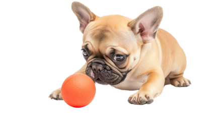 A playful French Bulldog puppy engaged with a bright orange ball, showcasing its adorable features and playful spirit.